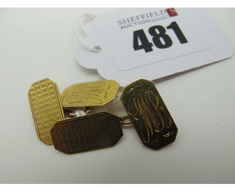 A Pair of 9ct Gold Cufflinks, the rectangular panels initialled 'JWB' and engine turned, to chain suspension (5grams).