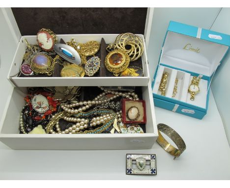 A Mixed Lot of Assorted Costume Jewellery, including a hallmarked silver hinged bangle, a rectangular enamel panel brooch, hi