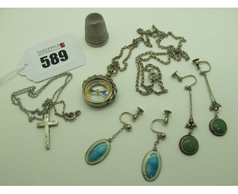 A Pair of Vintage Enamel Panel Drop Earrings, (unpierced screw fittings); together with a further pair of vintage drop earrin