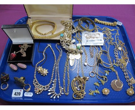 A Collection of Gilt Coloured Costume Jewellery, including diamanté, bangles, bracelets, pendants on chains, etc :- One Tray