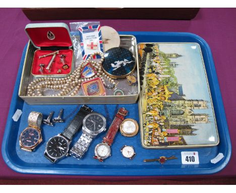 Wristwatches, enamel and other badges including 'Salford HMC Swinton Hospital', Kigu powder compact with applied lizard, imit