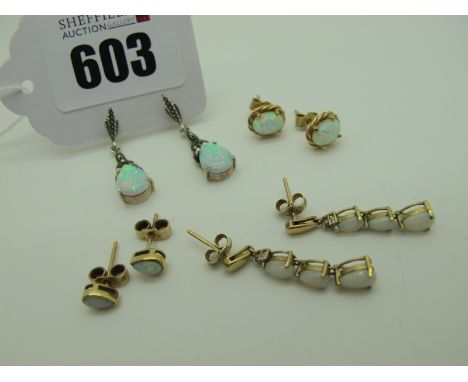 Two Pairs of Single Stone Opal Earstuds, together with a pair of modern drop earrings and a pair of teardrop opal drop earrin