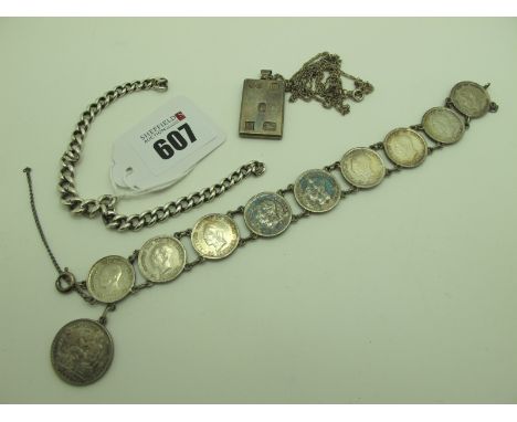 A Vintage Spanish Coin Bracelet, a hallmarked silver ingot style panel pendant, on a chain; a curb link part chain. 