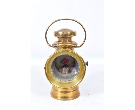 A BRASS LUCAS KING OF THE ROAD CAR LAMP, No.724, height including handle approx. 30cm, some dents to top around chimney