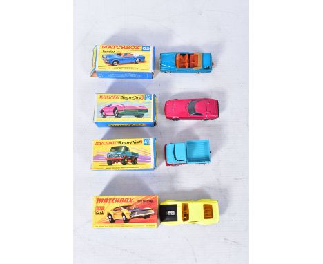 FOUR BOXED MATCHBOX 1-75 SERIES SUPERFAST MODELS, Boss Mustang, No.44, yellow body, Mercedes Unimog, No.49, sky blue body, Do