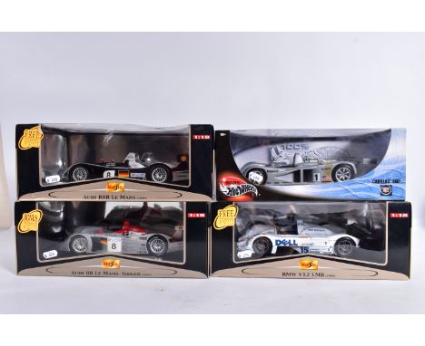 THREE BOXED MAISTO 1:18 SCALE GT RACING CARS, Audi R8R Le Mans (1999), No.38881, B.M.W. V12 LMR (1999), No.38882, Audi R8 Le 