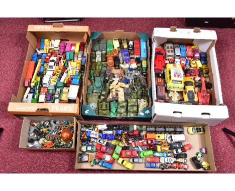 A QUANTITY OF UNBOXED AND ASSORTED PLAYWORN DIECAST AND PLASTIC VEHICLES, to include Matchbox Major Pack Hendrickson Cooper-J