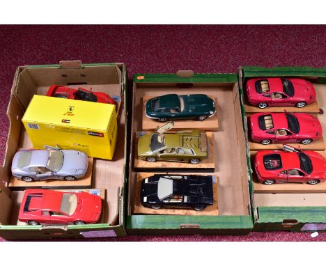 A COLLECTION OF MAINLY UNBOXED AND ASSORTED BBURAGO 1:24 SCALE SPORTS CARS, all mounted on wooden plinths, many with Idra Pre