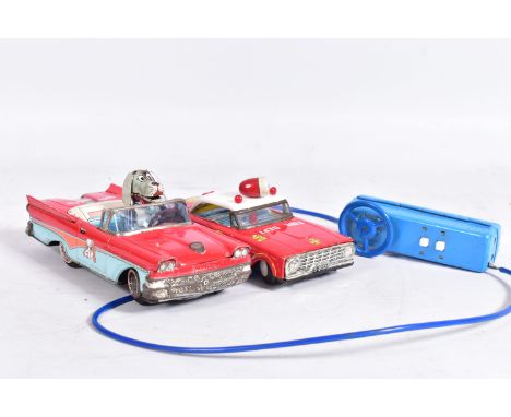 AN UNBOXED SWALLOW TOYS (JAPAN) TINPLATE BATTERY OPERATED FORD FALCON FIRE CHIEF CAR, not tested, red body with white roof an