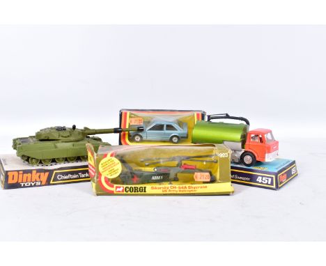 FOUR BOXED DIECAST VEHICLES, Corgi Toys Ford Escort, No.334, Sikorsky Skycrane U.S. Army Helicopter, No.923, Dinky Toys Ford 