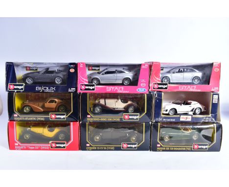 A QUANTITY OF BOXED BBURAGO 1:24 SCALE DIECAST CAR MODELS, mix of 1930's and 1940's sports cars including 1948 Jaguar XK120 R