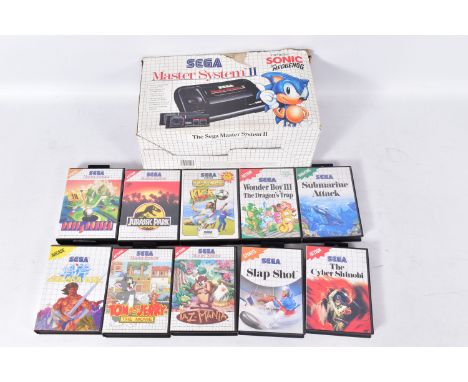 SEGA MASTER SYSTEM II BOXED WITH A QUANTITY OF GAMES, games include Sonic The Hedgehog, Wonder Boy III: The Dragon's Trap, Su
