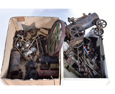 A LIVE STEAM MODEL OF A PORTABLE/AGRICULTURAL STEAM ENGINE, not tested, not complete, missing most of engine, horizontal copp