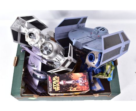 A BOX OF LFL STAR WARS VEHICLES AND AIRCRAFTS FROM THE EARLY 21ST CENTURY, to include a 2002 Hasbro TIE bomber, a 2001 Hasbro