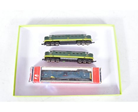 THREE LIMA N GAUGE CLASS 55 DELTIC LOCOMOTIVES, 2 x unboxed 'Meld' No.D9003, B.R. two tone green livery (253), one missing al