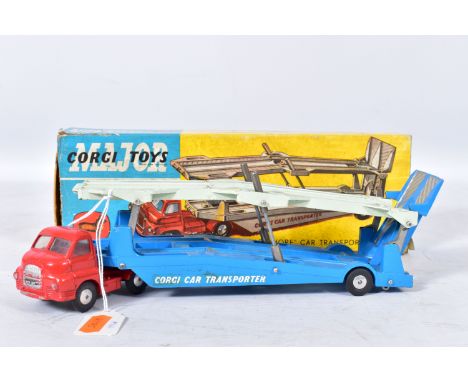 A BOXED CORGI MAJOR TOYS  BEDFORD S TYPE ARTICULATED CARRIMORE CAR TRANSPORTER, No.1101, version with red cab, blue and grey 