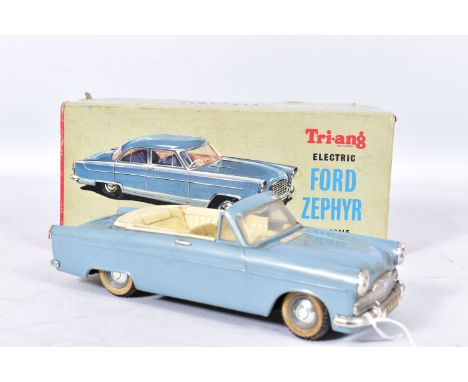 A BOXED TRI-ANG PLASTIC BATTERY OPERATED FORD ZEPHYR, not tested, 1/20 scale, grey body with cream interior, appears largely 