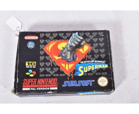 THE DEATH AND RETURN OF SUPERMAN SNES BOXED, the SNES version of The Death And Return Of Superman videogame, complete with it