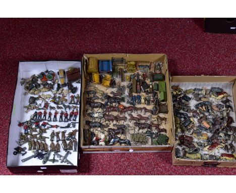 A COLLECTION OF ASSORTED HOLLOWCAST LEAD FIGURES, ANIMALS AND ACCESSORIES, all in playworn condition, many with damage, missi