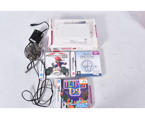A WHITE DS LITE COMPLETE WITH ITS BOX, includes a charger, Mario Kart DS, Tetris Ds and Dr. Kawashima's Brain Training, all g