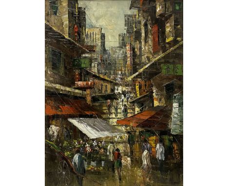 Yangping (Chinese 20th century): Ladder Street Hong Kong, oil on canvas signed 57cm x 42cm