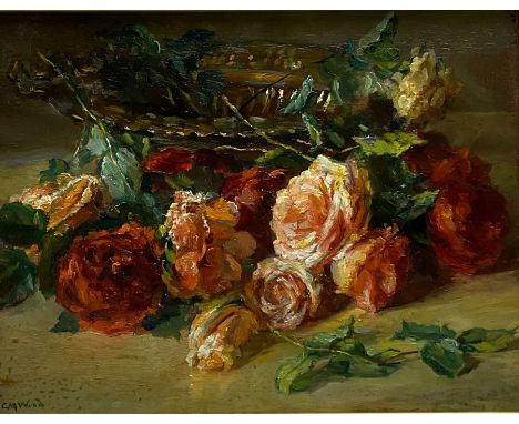 Catherine M Wood (British 1857-1939): Still Life of Roses, oil on panel signed 16cm x 22cm