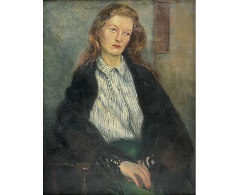 Jean Thompson (British mid 20th century): Half length Portrait of a Young Woman, oil on canvas laid on board unsigned, artist
