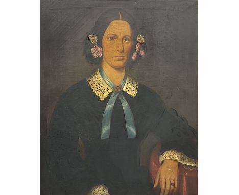 J Kennedy (Mid 19th century): Portrait of a Lady, oil on canvas, inscribed and dated 1859 on the stretcher 72cm x 60cm in ori