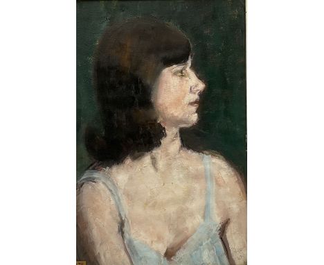 Madeline A Manton (Mid 20th century): 'Jaqueline' bust portrait, oil on board, titled with artist's address 124 Kings Road Lo