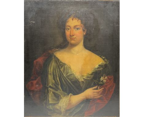 English School (18th century): Portrait of a Lady holding a Flower, oil on canvas unsigned 76cm x 63cm