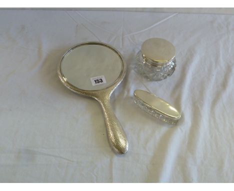 Silver backed hand mirror- Chester 1910, silver top powder bowl- Birmingham 1919 & silver top glass trinket box - Birmingham 