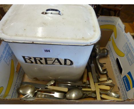 Vintage enamelled bread bin & cutlery