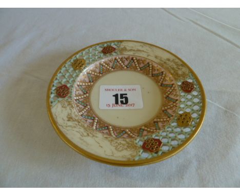 Worcester reticulated and enamelled saucer with mountain landscape decoration c1881