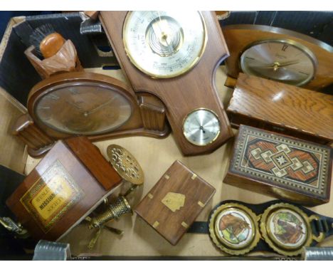 Aneroid barometer, mantel clocks, boxes Wesleyan Missionary Society collection box etc 