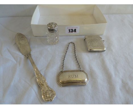 Silver top scent bottle, butter knife, decanter label and vesta (4)