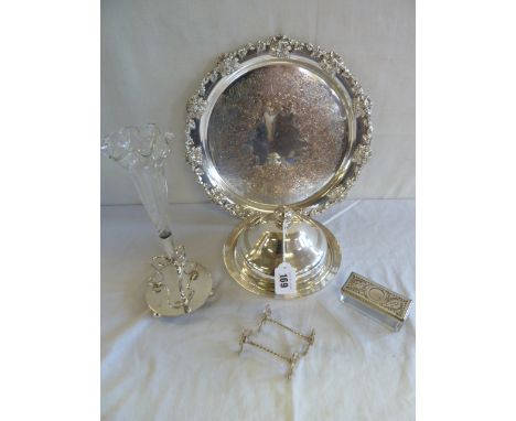 Silver plated salver, muffin dish, epergne knife rest etc 