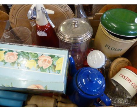 Vintage kitchenware - bread board, flour bin, pastry cutters, enamel teapot etc 