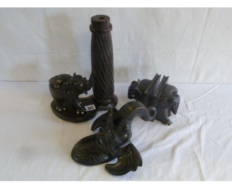 African carved elephant bookends, lamp base & wall mask 