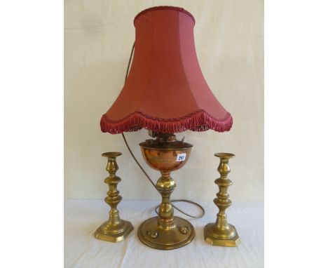 Pair brass candlesticks & electrified art nouveau oil lamp