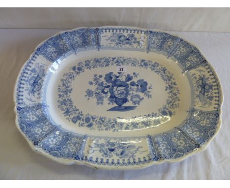 19thC ironstone blue & white meat plate with garden tools decoration to border 