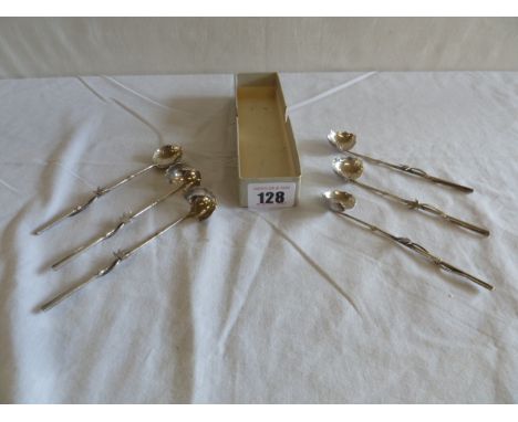 Chinese silver? green tea spoons with bamboo stem style handles and leaf decoration bowls (6)