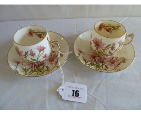 Pair George Jones cabinet cups & saucers hand decorated with bees and flowers RD No. 826 c.1860's
