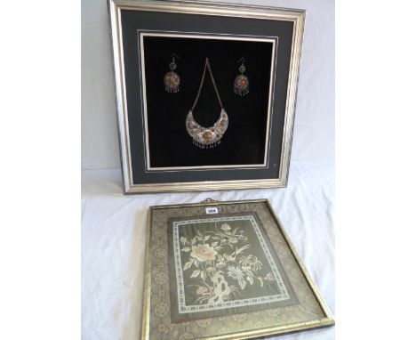 Framed chinese silk & framed display of indian silver agate necklace & earrings