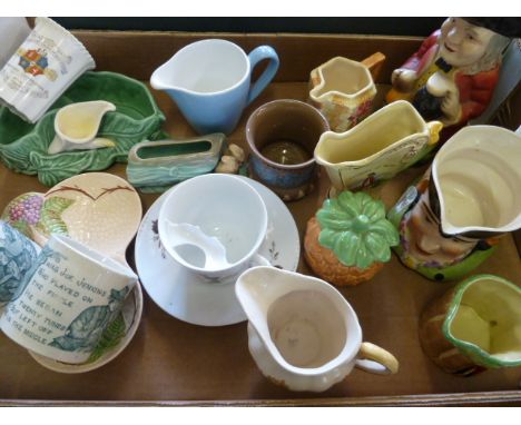 Toby jugs, moustache cup, motto mugs, Sylvac jam pot etc 