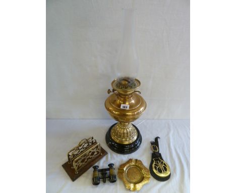 Brass oil lamp, horse brasses, oak letter rack etc 