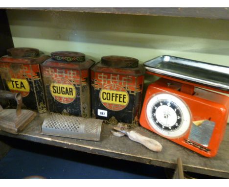 Kitchenalia - vintage storage tins - John Buchanan & Bros Ltd, Glasgow, tower scales, flat iron etc 
