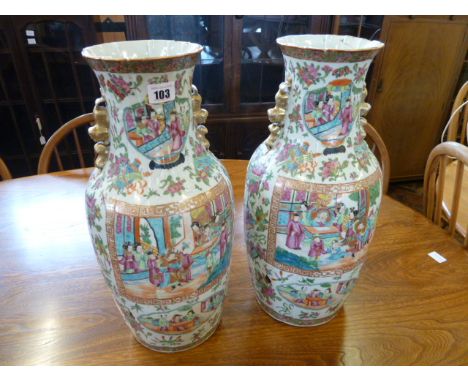 Pair tall chinese Famille Rose vases (1 repaired) with lamp inserts 