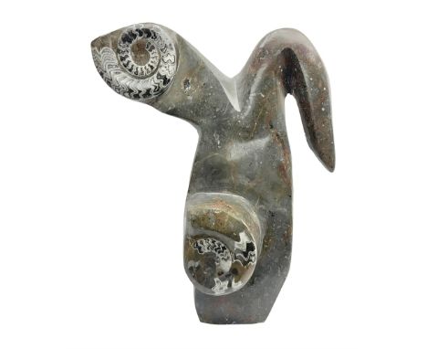 Goniatite sculpture, displaying two Goniatites within a polished and shaped matrix, age; Devonian period, H50cm