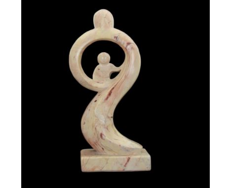 Abstract marble sculpture modelled as a mother and child on a rectangular base, H62cm