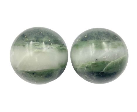 Pair of nephrite jade spheres, D6cm 